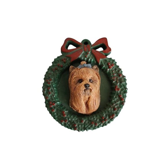 Earl Sherwan Charmstone Yorkie Dog Profile In Wreath Christmas Tree Ornament - Picture 1 of 8